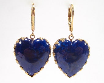 Heart earrings blue gold earrings bohemia glass 1960s handmade, royal blue lapis glass handmade glass stones