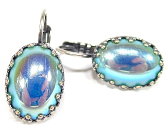 Exceptional blue dangle earrings vintage glass blue shimmer oval handmade glass stones 1960s crown setting antique silver