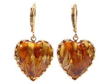 LOVE earrings gold heart earrings amber brown yellow bohemia glass vintage 1960s handmade glass stones