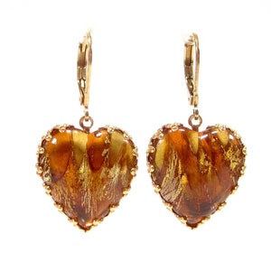 LOVE earrings gold heart earrings amber brown yellow bohemia glass vintage 1960s handmade glass stones