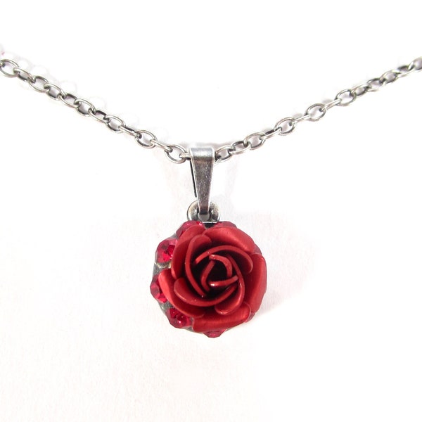 Süße dezente Rosen Kette Altsilber rote rose matt eloxiert Strass Kristalle rot silber kette Strasssteine handmade in cologne