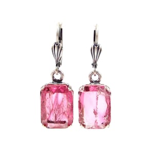 Beautiful pink silver earrings Art Deco summer earrings vintage glass rectangle transparent old silver handmade old glass