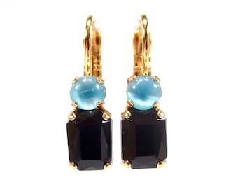 Mini Gold Schwarz Blaue Ohrringe dezente Ohrhänger vintage Glas rechteck transparent handgemachtes altes Glas