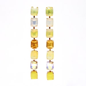 Beautiful Baguette statement earrings long yellow rhinestone gold stud earrings with handmade vintage glass stones handmade in Germany