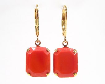 Summery earrings orange coral gold handmade glass faceted 60s vintage made in cologne germany