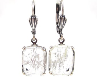 Art deco earrings white vintage glass stone, earrings white silver transparent rectangle pendant antique silver handmade old glass