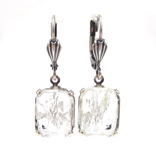 Art deco earrings white vintage glass stone, earrings white silver transparent rectangle pendant antique silver handmade old glass