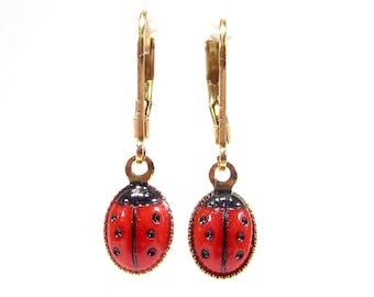 Sweet little vintage ladybug earrings red gold 1960s glass handmade glass stones 8x6mm real gold plated handmade in cologne germany