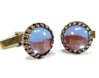 Blue purple sappharine glass cufflinks old gold bronze men's jewelry crown cauldron around 13mm with handmade old sapphire glass stones