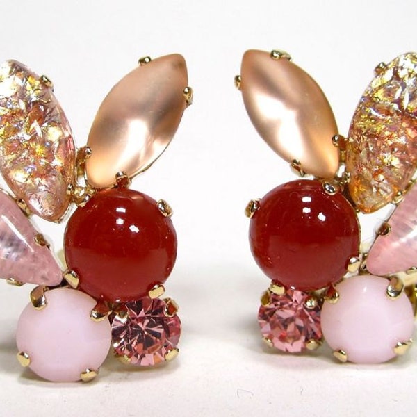 SoHo® Ohrclips bohemia glass 1960s navette crystal pink rose alabaster gilded salmon gold