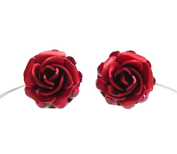 Soho® Earrings Studs Plug Red Rose With Saim Rhinestones Aluminum