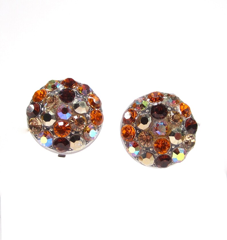 SoHo\u00ae brown clip on earrings rhinestone buttons brown mix crystals topaz machine cut crystals handmade in cologne germany