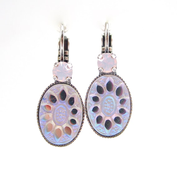 Boucles D'oreilles Vintage En Verre Rose Incrusté Blanc - Métal Argenté - Ancien Bijou Fantaisie