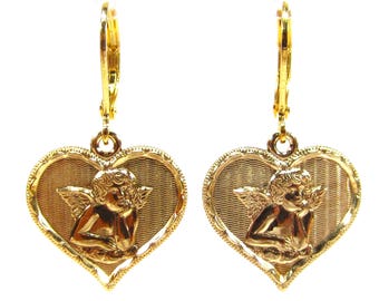 Guardian Angel earrings, cherub leverback, charm, gold