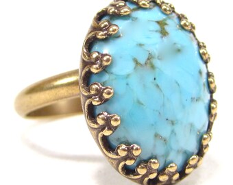 SoHo® ring vintage bronze bohemia oval turquoise matrix handmade Bohemian glass stone 1960's handmade in cologne germany