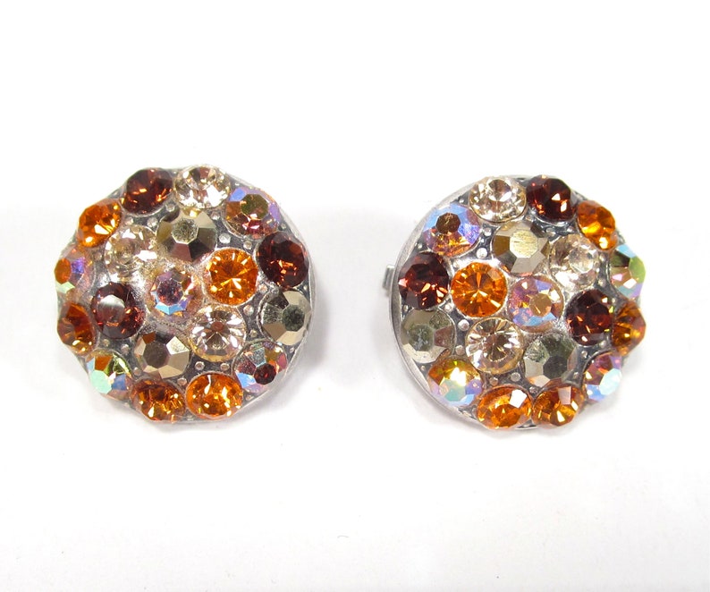 SoHo\u00ae brown clip on earrings rhinestone buttons brown mix crystals topaz machine cut crystals handmade in cologne germany