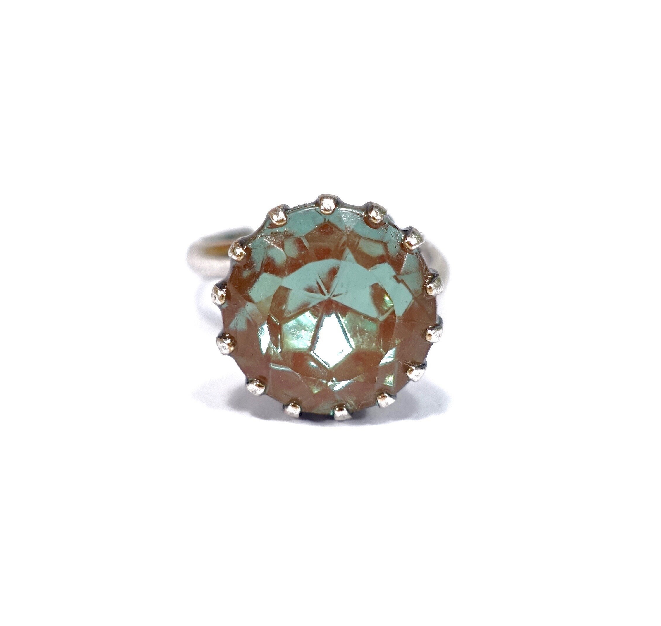 Sappharine glass ring old silver crown cup round 14mm faceted with handmade old saphiret glass stones rose blue opal 50s