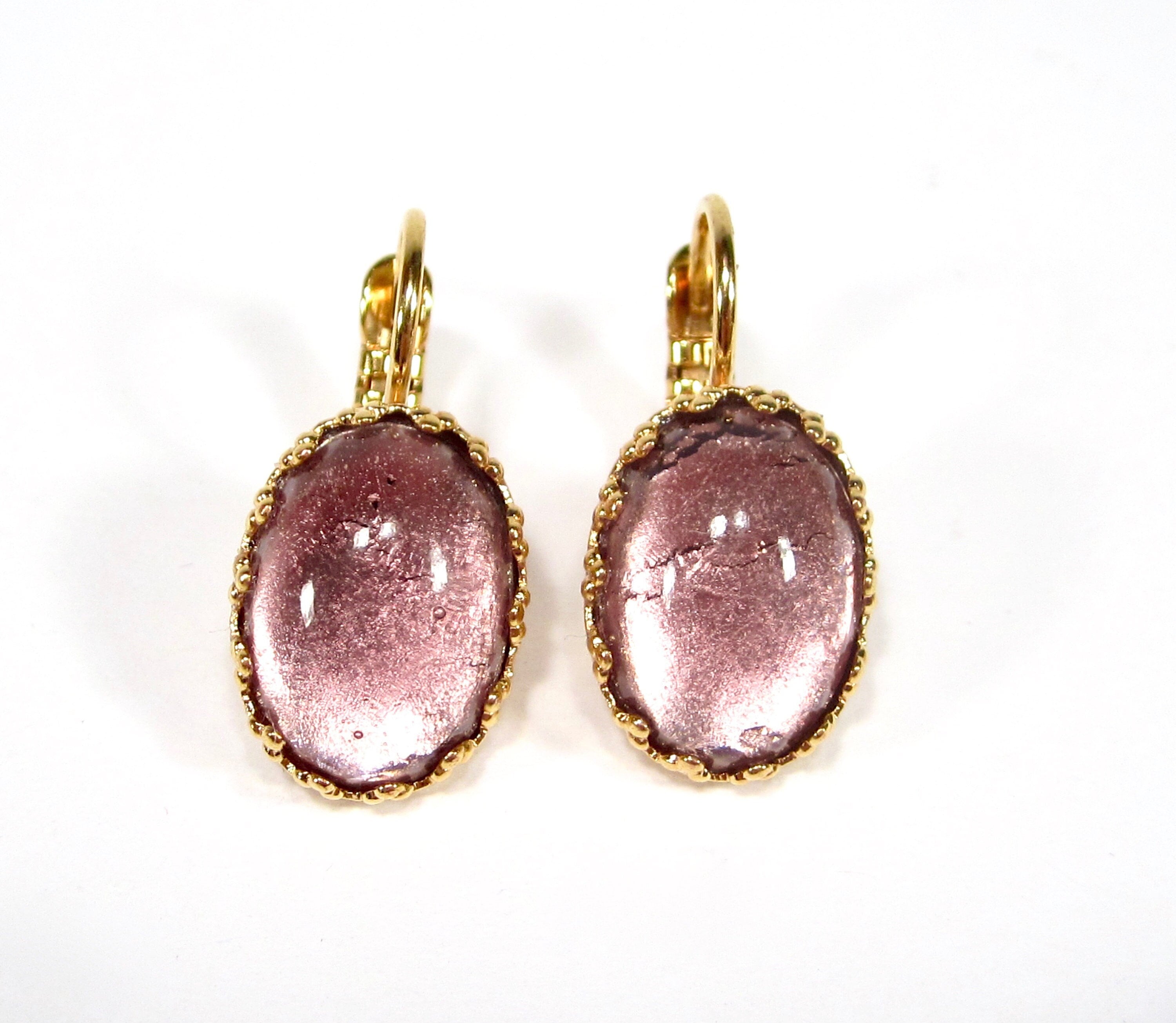 Boucles D'oreilles Vintage 2 En 1 En Verre Violet, Jaune Et Grenat - Occasion