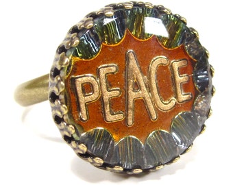 SoHo® Ring vintage bronze bohemia 1960er Jahre handgemachter Glasstein peace cabochon feueropal handmade in cologne