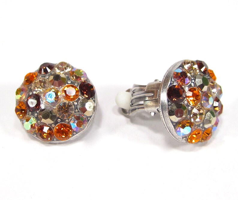 SoHo\u00ae brown clip on earrings rhinestone buttons brown mix crystals topaz machine cut crystals handmade in cologne germany