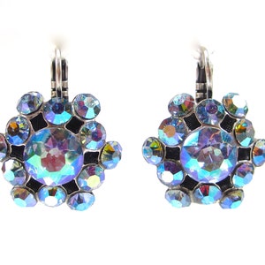 SoHo® leverback earrings with vintage light sapphire aurore boreal crystal from the 1960s, antique silver, made in cologne germany