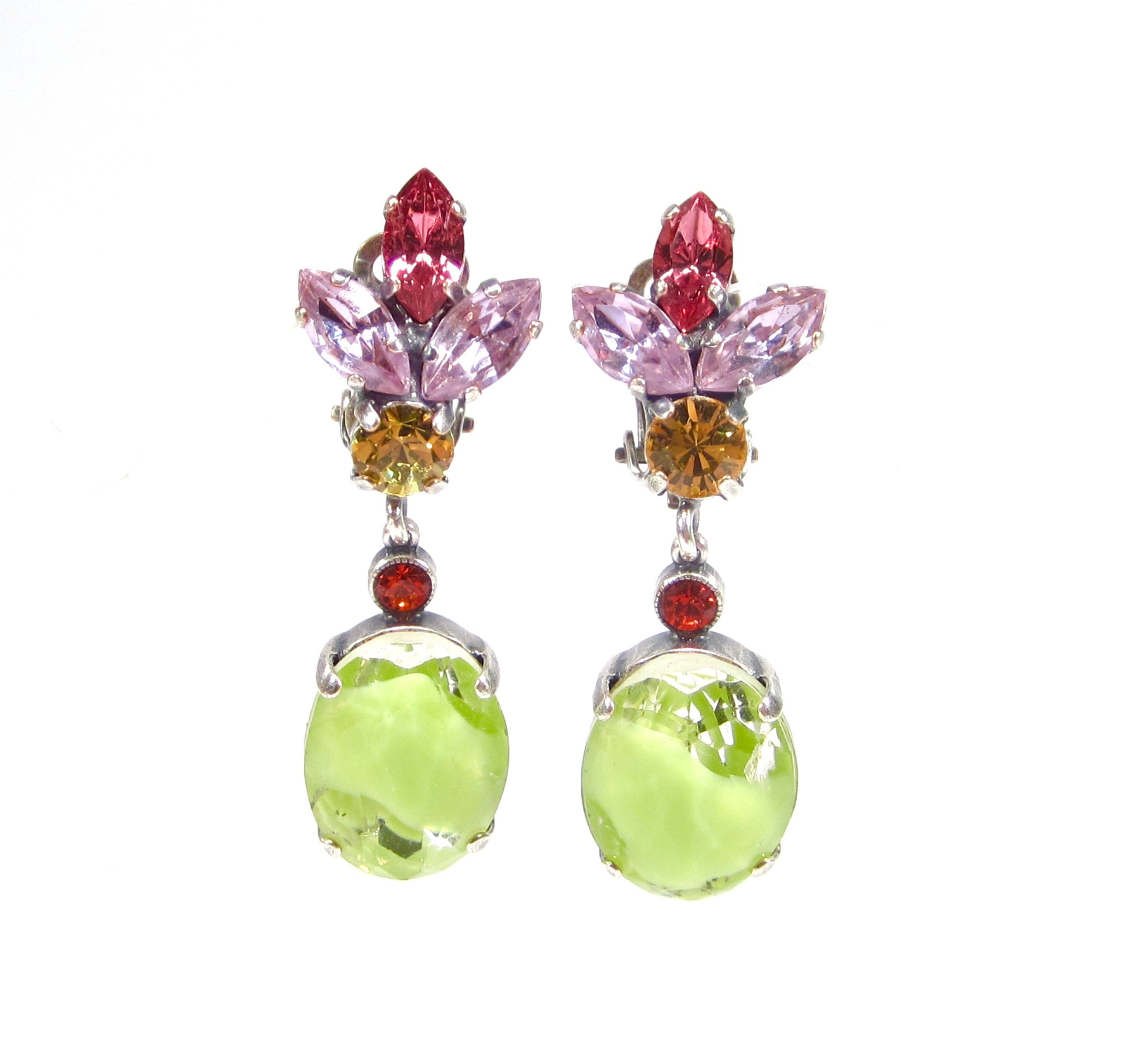 Spring Clip Earrings Pink Green Purple Yellow Earrings Navette Oval ...