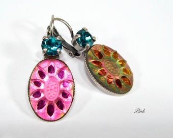 Unique colorful summer flower earrings vintage earrings rhinestones vintage glass handmade from the 1960s