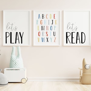 DIGITAL FILES, Set of 3 Playroom Prints, Playroom Decor, Let's Play Print, Let's Read Print, Alphabet Poster, Homeschool Decor, ROX