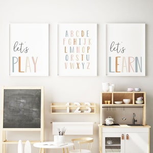 DIGITAL FILES, Set of 3 Playroom Prints, Playroom Wall Decor, Let's Play Print, Let's Learn Print, Alphabet Poster, Kids Room Decor, TASH