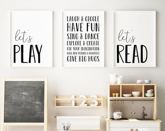 DIGITAL FILES, Playroom Wall Decor, Playroom Printables, Playroom Decor, Let's Play, Let's Read, Playroom Rules, Kids Room Decor,