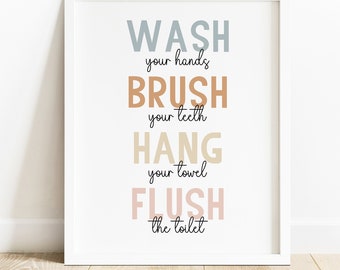 Kids Bathroom Rules Art Print: Wash, Brush, Hang, Flush (Digital File)