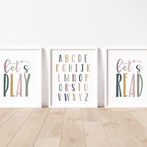 DIGITAL FILES, Set of 3 Playroom Prints, Playroom Decor, Let&#39;s Play Print, Let&#39;s Read Print, Alphabet Poster, Homeschool Decor, MAUD