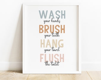 DIGITAL FILE, Wash Your Hands, Brush Your Teeth, Hang Your Towel, Flush The Toilet, Kids Bathroom Decor, Children's Bathroom Wall Art, TASH