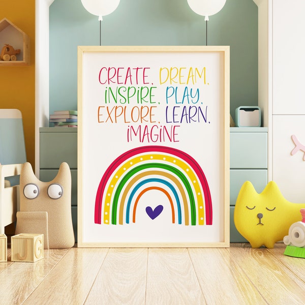 Kreieren Sie Traum Inspirieren Spielen Erkunden Lernen Stellen Sie sich vor, Klassenzimmer-Drucke, Spielzimmer-Drucke, Kinderzimmer-Drucke, Kinderzimmer-Drucke, Kinderzimmer-Dekor, Regenbogen-Drucke, BOLD