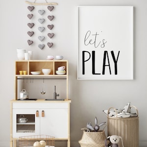 Afdrukbaar Let's Play, kunst aan de muur speelkamer, bordjes speelkamer, decor speelkamer, decor kinderkamer, kunst aan de muur peuter, zwart-wit prints voor kinderen