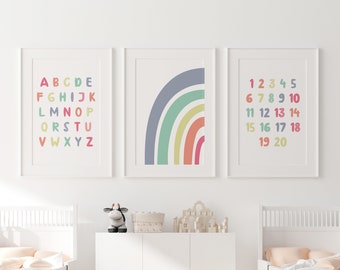 Pastel Alphabet and Number Prints, Set of 3, Kids Room Decor (Digital Download)