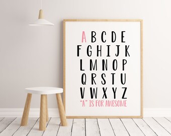 Alphabet Printable, Alphabet Poster, Kids Room Decor, Playroom Decor, Classroom Prints, Toddler Room Decor, A Is For Awesome Print