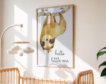 Aquarell Faultier Kinderzimmer Druck, Hello Little One Wandkunst (digitaler Download)