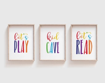 Set of 3 Prints Download, Let's Play Print, Let's Read Print, Playroom Wall Art, Playroom Printables, Kids Room Decor, Homeschool Room, RBOW
