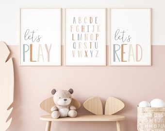 Playroom Prints Set: Kids Wall Art, Let's Play, Let's Read, Alphabet (Digital Files)