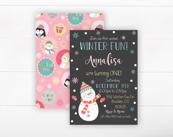 DIGITAL FILE, Kid's Winter Theme Birthday Party Invitation, Winter Birthday Party Invitation, Girl Birthday Party Invitation, Snowman