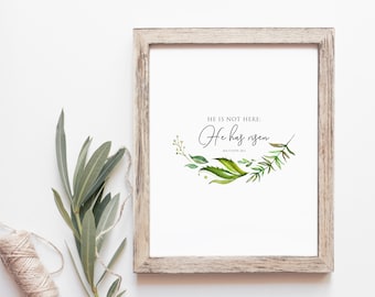 He Has Risen Watercolor Print, Easter Bible Verse Decor (Digital Download)