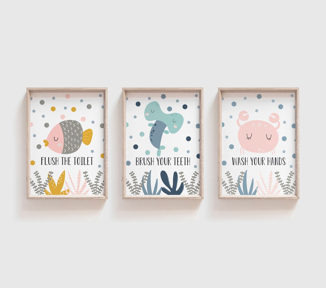 DIGITAL FILES, Set of 3 Bathroom Prints, Kids Bathroom Decor, Kids