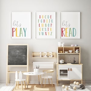 DIGITAL FILES, Set of 3 Playroom Prints, Kids Posters, Let&#39;s Play Print, Let&#39;s Read Print, Alphabet Print, Playroom Wall Art, KELLIE