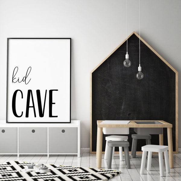 DIGITAL FILE, Kid Cave Print, Kid Cave Sign, Playroom Decor, Playroom Prints, Kids Room Decor, Nursery Decor, Black and White Wall Art