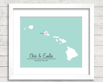 8x10 Hawaii Love Map - Oahu, Hawaii - Hawaiian - State Map - Destination Wedding - Aloha - Wedding, Engagement & Anniversary - Newlyweds