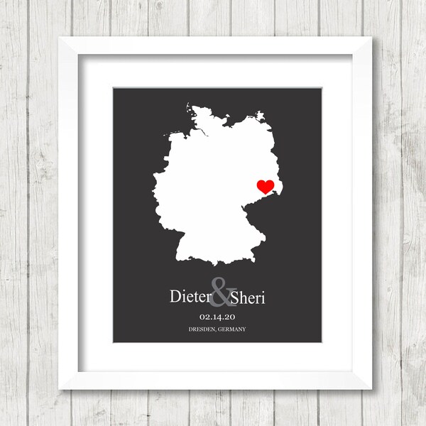 Germany Love Map - Dresden, Saxony, Germany - European - German  - Custom Art - Destination Wedding -Engagement & Anniversary - Newlyweds