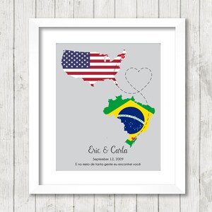 International Love Map - Two Countries, One Print - Boston, Massachusetts, USA - Santa Catarina, Brazil - Brazilian - American