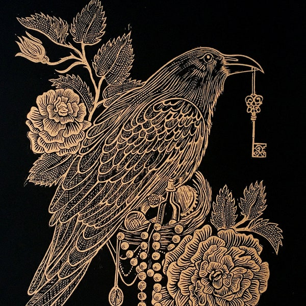 Thief of Sheinton - Original hand-carved Linocut Print in Shimmering Gold on Black, with Roses, Raven, a Key and a Nest of Shiny Jewels