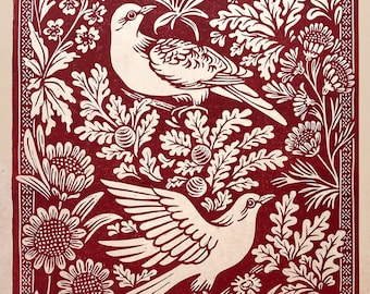 Mille Fleurs Linocut Print - Burgundy on Cream - Handmade Linocut Art - Tapestry of Doves with Floral motifs